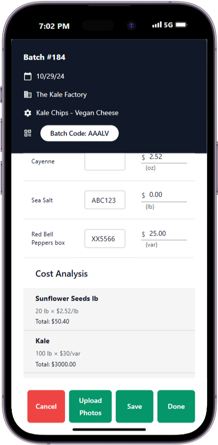 Ingredient Costs and Lot Codes